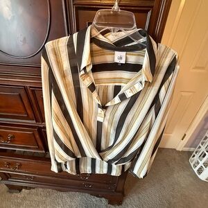 Cabi Women's Black, Gold, and White Striped Blouse Size M